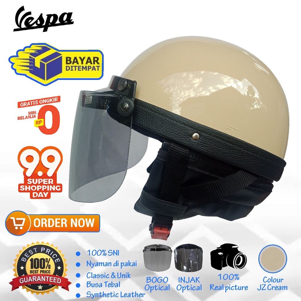 Helm Retro Classic BOGO SNI Dewasa - Helm Chip Vespa Original dengan Kaca Datar