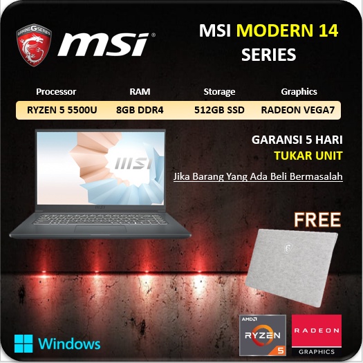 MSI MODERN 14 RYZEN 5 5500U 8GB 512SSD VEGA7 W11 14.0FHD IPS  GRY B5M 069