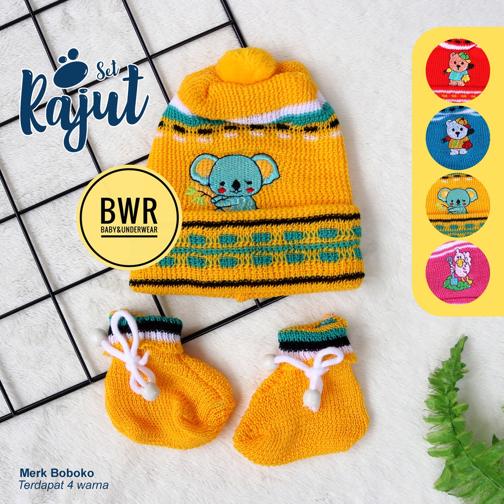 Topi Set Kaos Kaki Rajut BOBOKO / ABELIO | 0-6 M Topi Bayi Newborn Rajut Berkualitas PIlih Warna - Bwr IX