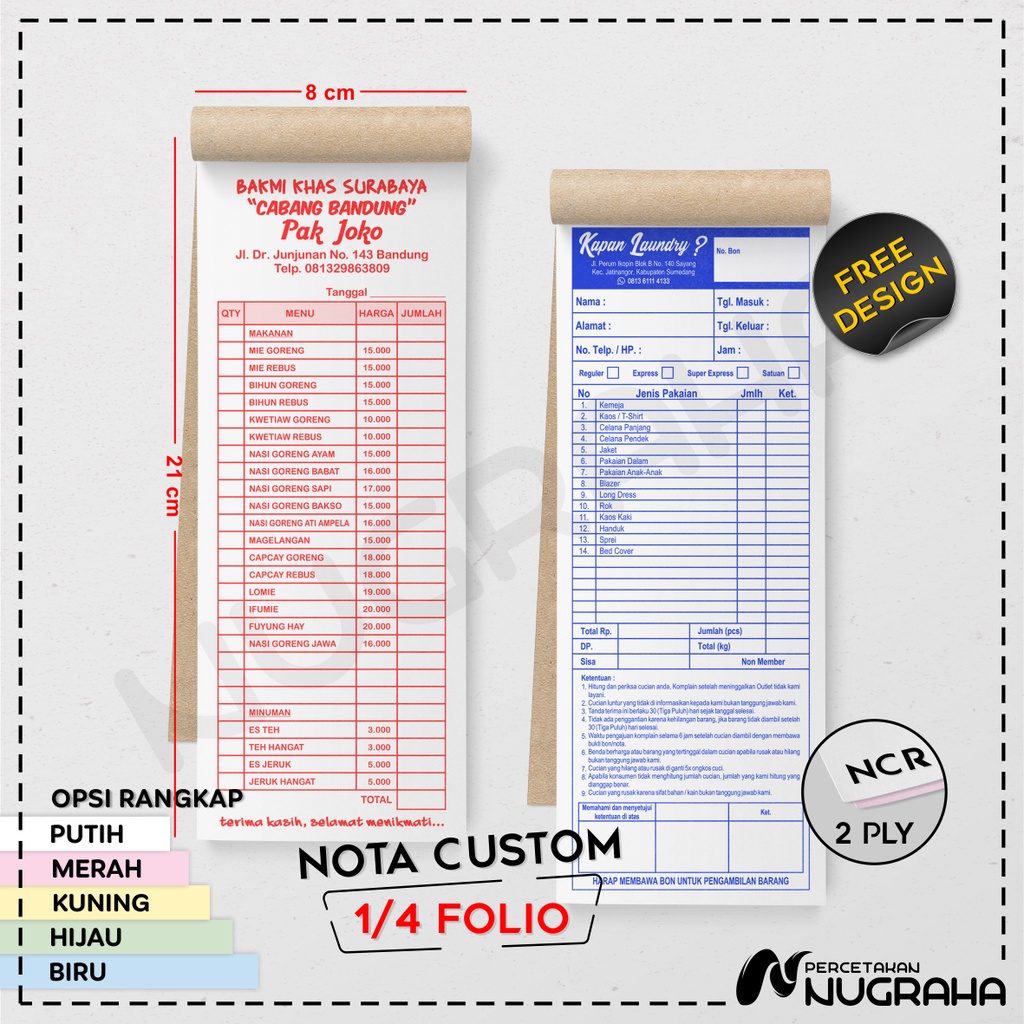 

NOTA CUSTOM 1/4 FOLIO 2 RANGKAP / BUKU NOTA KONTAN Isi 100 lembar