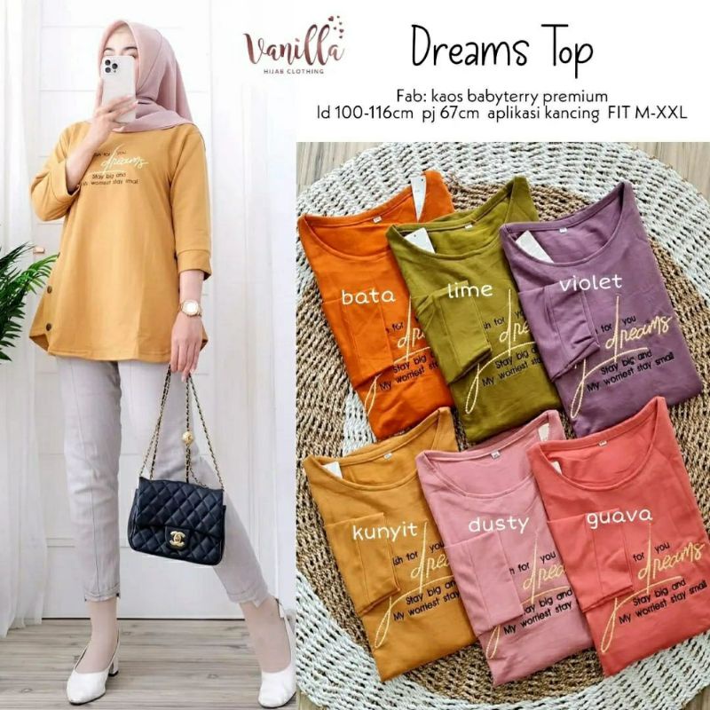 Dreams Top, KAOS WANITA CANTIK MODIS MURAH FIT XXL LD 100-116 BAHAN KAOS BABYTERRY PREMIUM MIX BORDIR TERMURAH OOTD TERLARIS