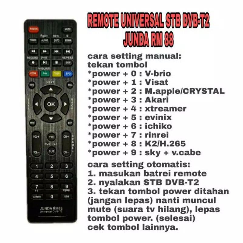 REMOTE UNIVERSAL SET TOP BOX STB DVB-T2 SKY BOX A-1 VENUS BRIO VENUS CABE RAWIT JUNDA RM88