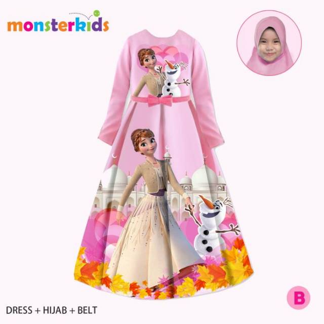 Import Dress Gamis Frozen  Hijab Anak Muslim Princess Anna Elsa Pink MK21