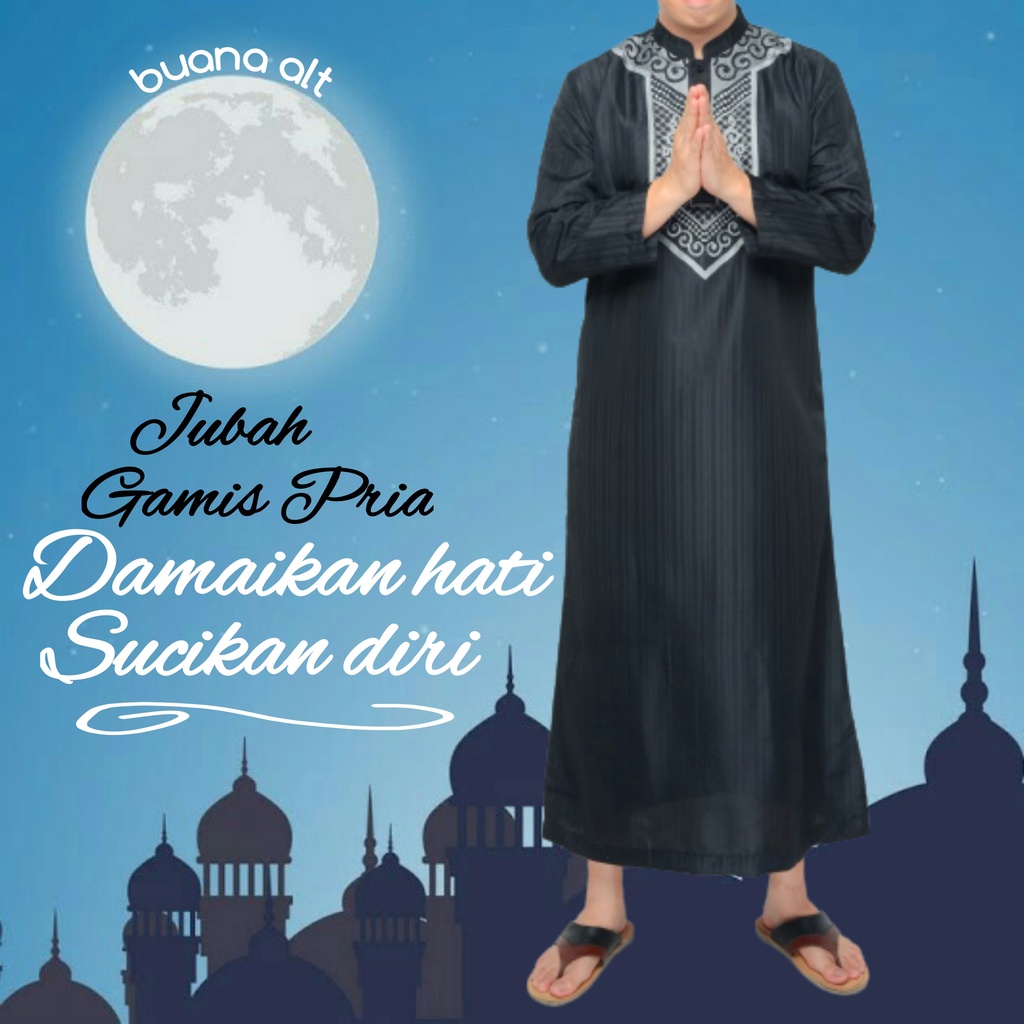 Gamis Pria Jubah Pria Dewasa Lengan Panjang Hitam Bordir