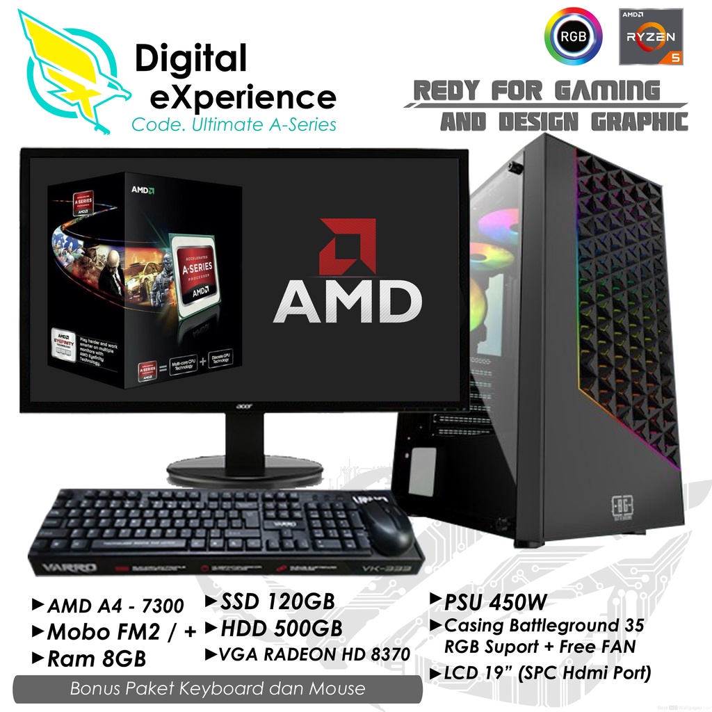 PC Fullset AMD A4 7300, RAM 8GB, SSD 120GB, HDD 500GB, VGA HD 8370 - Dx Komputer
