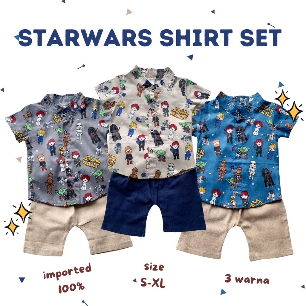 import !! starwars shirt set kemeja import anak katun 1-3 tahun bayi baju laki-laki cowok balita setelan