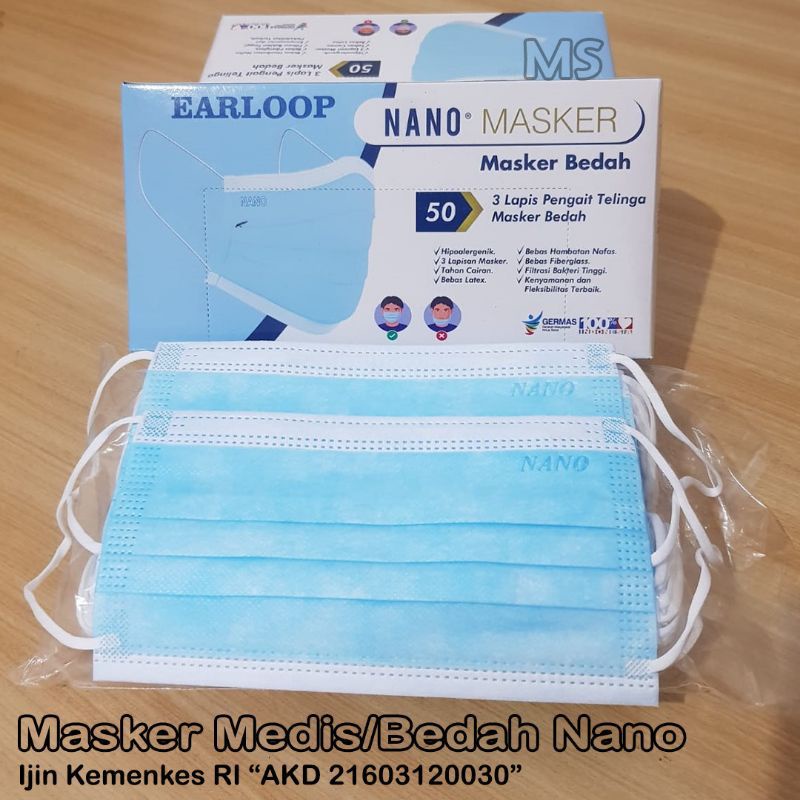 Masker Medis Nano isi 50 pcs 3 ply Earloop dan masker hijab Warna Biru Standard Kemenkes