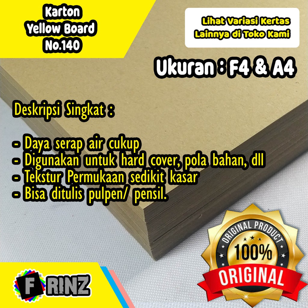 

Kertas Karton Kuning Bot No. 140 F4 A4 / Carton Yellow Board / Hard Bord Cover Packing High Quality No 140