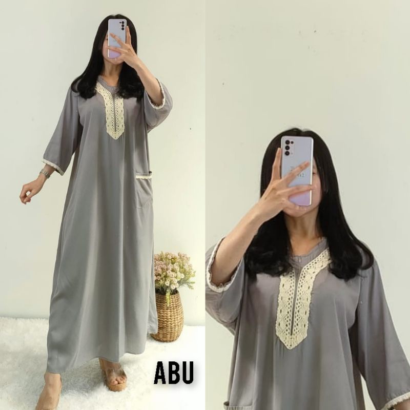 Daster BUSUI Arab Kekinian Tangan 3/4 (aisyah) / Daster Muslim Renda Jumbo LD 120 cm / Daster BUSUI /Daster kekinian /Daster Renda-Abu