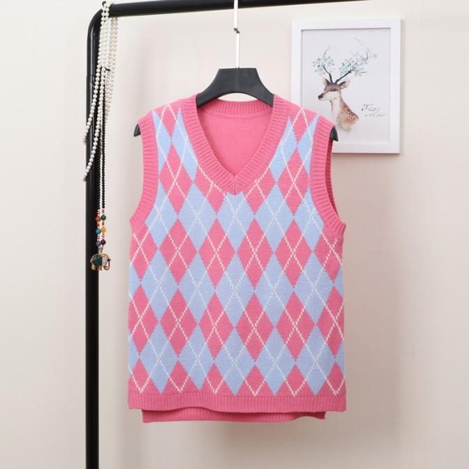 Vest Houndstooth Argyle Korea Rajut Knit Cardigan Rompi Sweater Pink -wanita