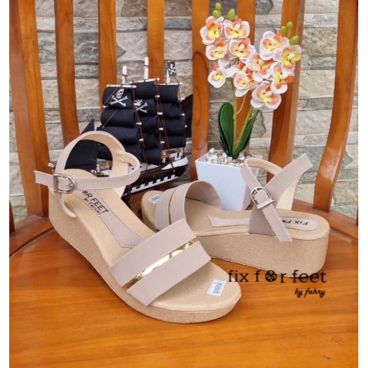 fahrie shoes sendal wanita wedges tali Lis gold fh-51