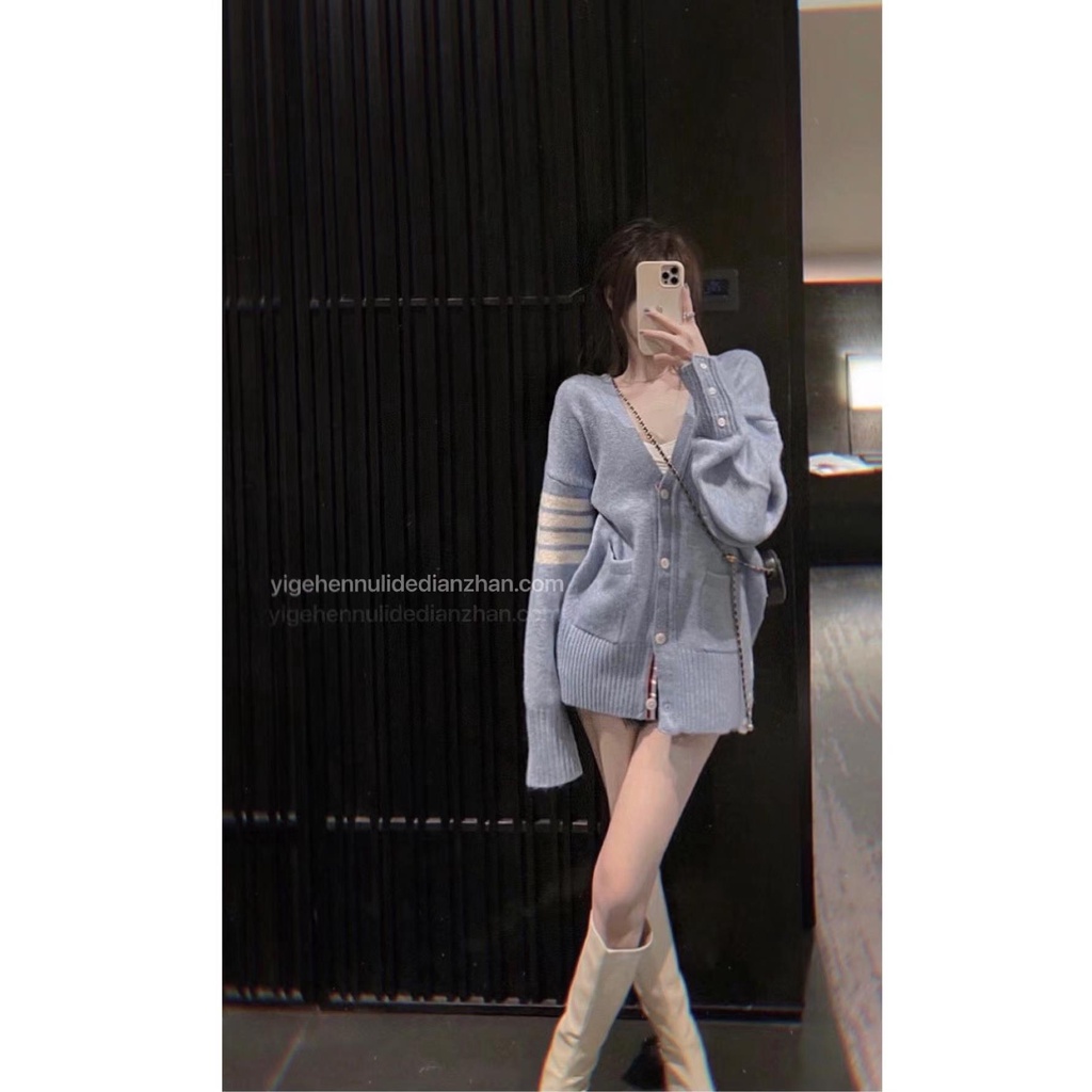 jaket korean style wanita [48 hours delivery] 21 haze baby blue wool knitted cardigan coat mid-lengt