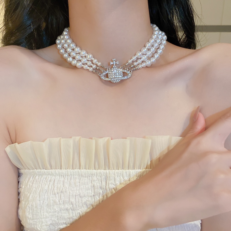 Kalung Rantai Klavikula Model Tiga Lapis Aksen Mutiara Untuk Aksesoris