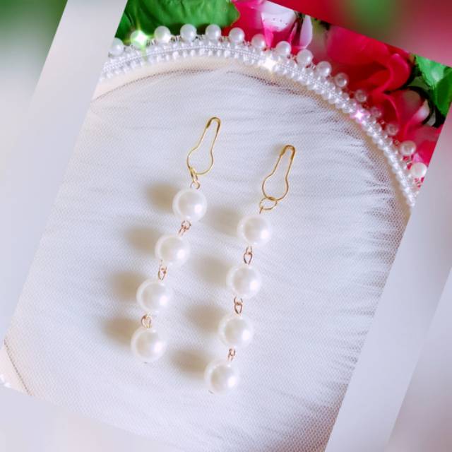 A128 Anting hijab juntai pearl susun gold dan silver