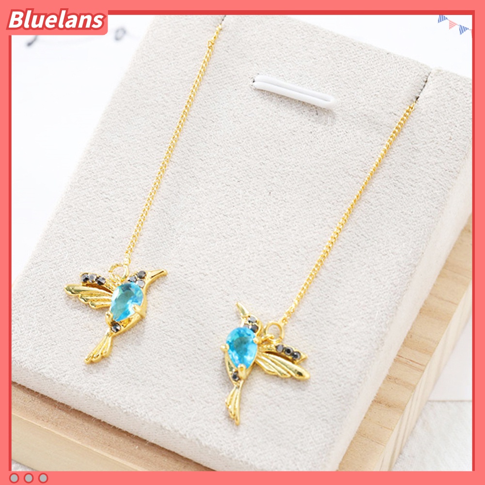 Anting Stud Rumbai Panjang Desain Burung Kolibri Aksen Berlian Imitasi Untuk Wanita