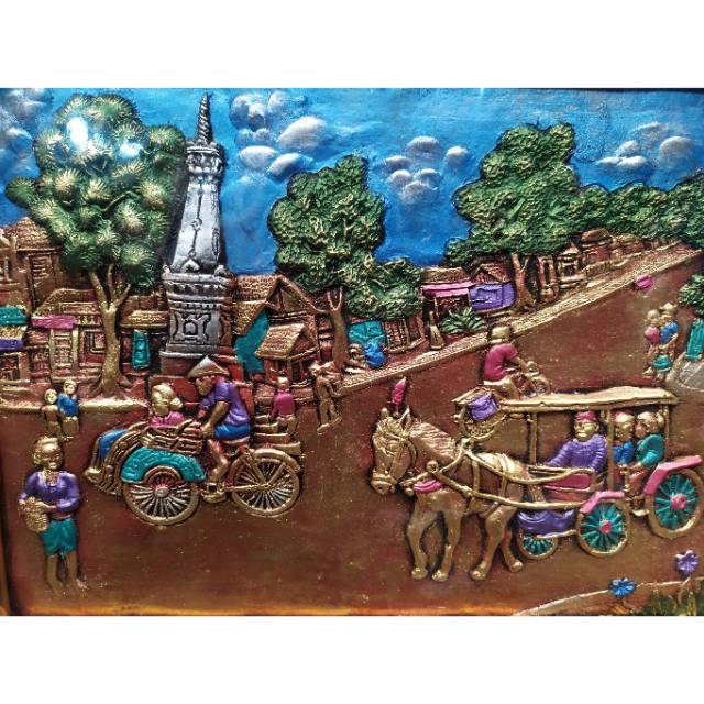 (BISA COD) LUKISAN TIMBUL GAMBAR TUGU ANDONG DAN BECAK JOGJA UKURAN 42x32 cm - PAJANGAN DEKORASI