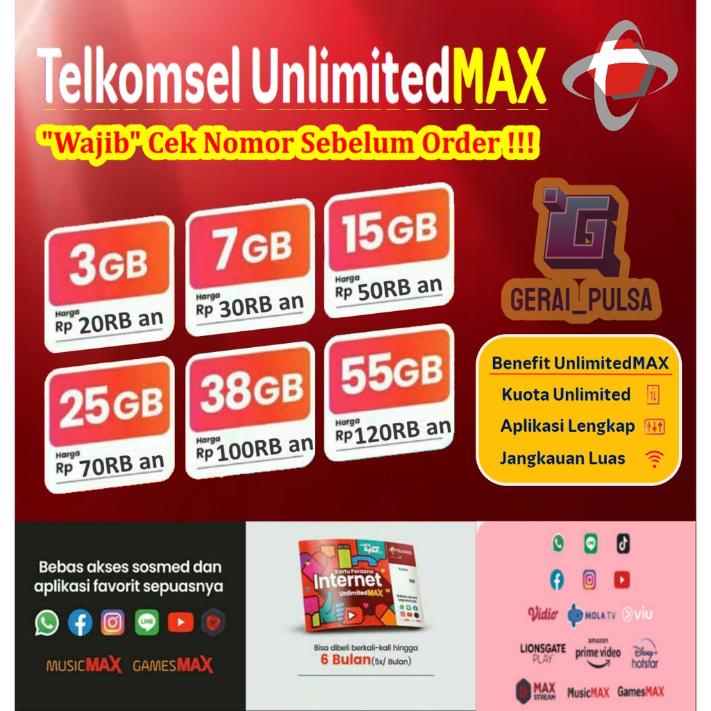 Telkomsel Unlimited Max 3GB 7GB 15GB 25GB 38GB 55GB Kuota UnlimitedMax