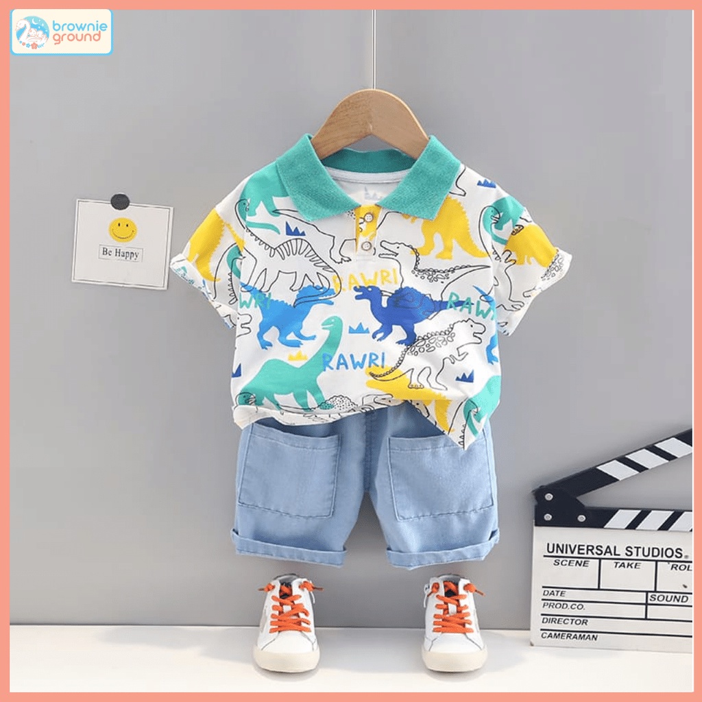 [COD] Setelan pendek anak 0-5 tahun motif dino RAWR lucu / set baju anak stelan anak lengan pendek impor/Brownieground