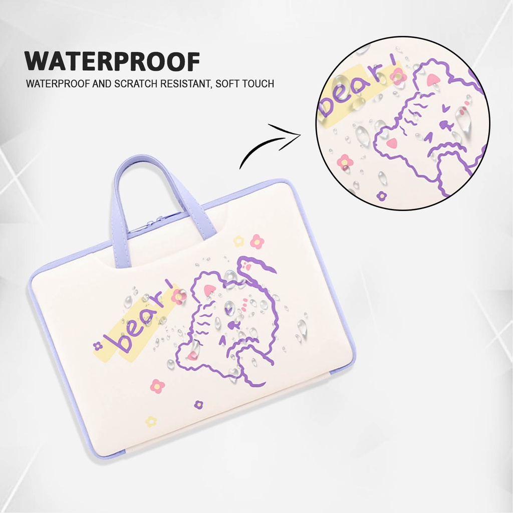 Sleeve Pouch Sarung Tas Bag Case Ipad Tab Tablet Macbook Air Pro Laptop Asus Acer Lenovo HP Huawei 11 12 13 14 15 inch Motif Gambar Kartun Cartoon Bear Beruang Warna Putih White Purple Ungu Cute Murah Korean Model Jinjing Tali Strap Waterproof Tahan Air