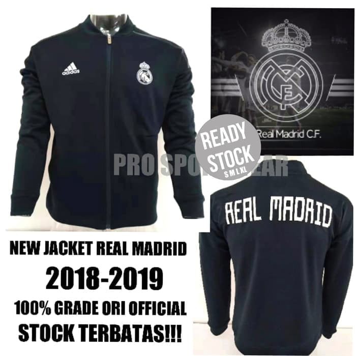 PAKAIAN OLAHRAGA JAKET ATLET  JAKET BOLA REAL MADRID ANTHEM HITAM 2018/2019 GRADE ORI