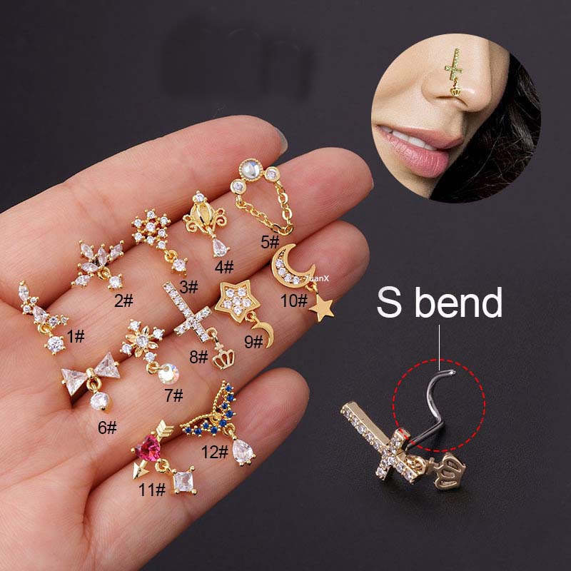 1pc Anting Tusuk Hidung Bentuk L Bengkok Bahan Stainless Steel Dengan Zircon