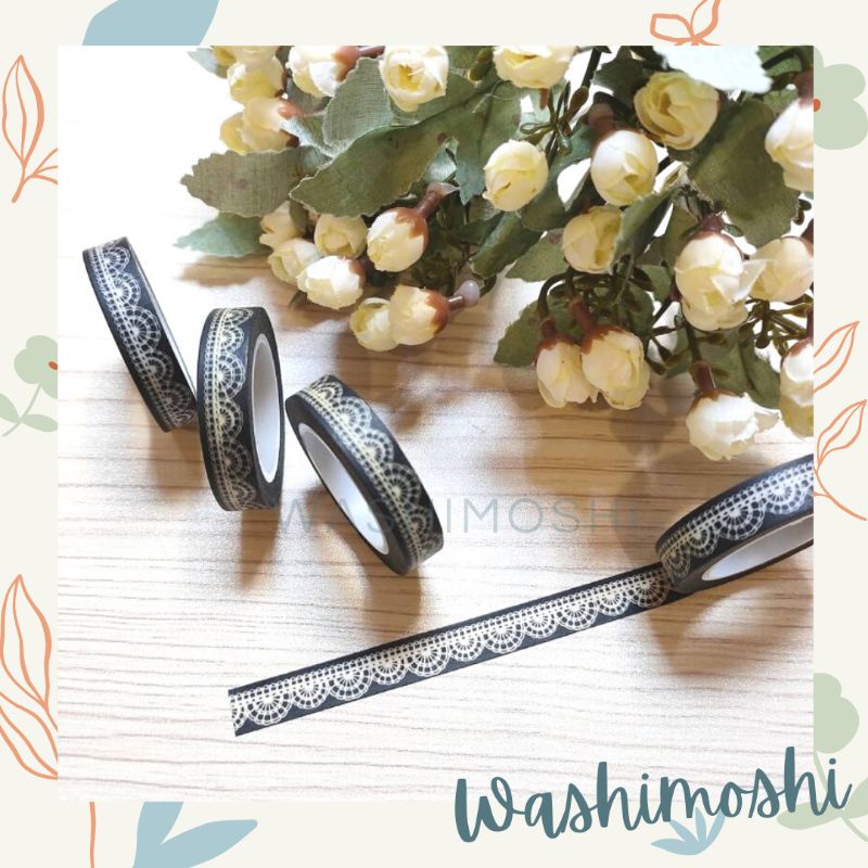 Washimoshi Masking Washi Tape Slim Black Lace Design / Washitape Motif Renda Hitam