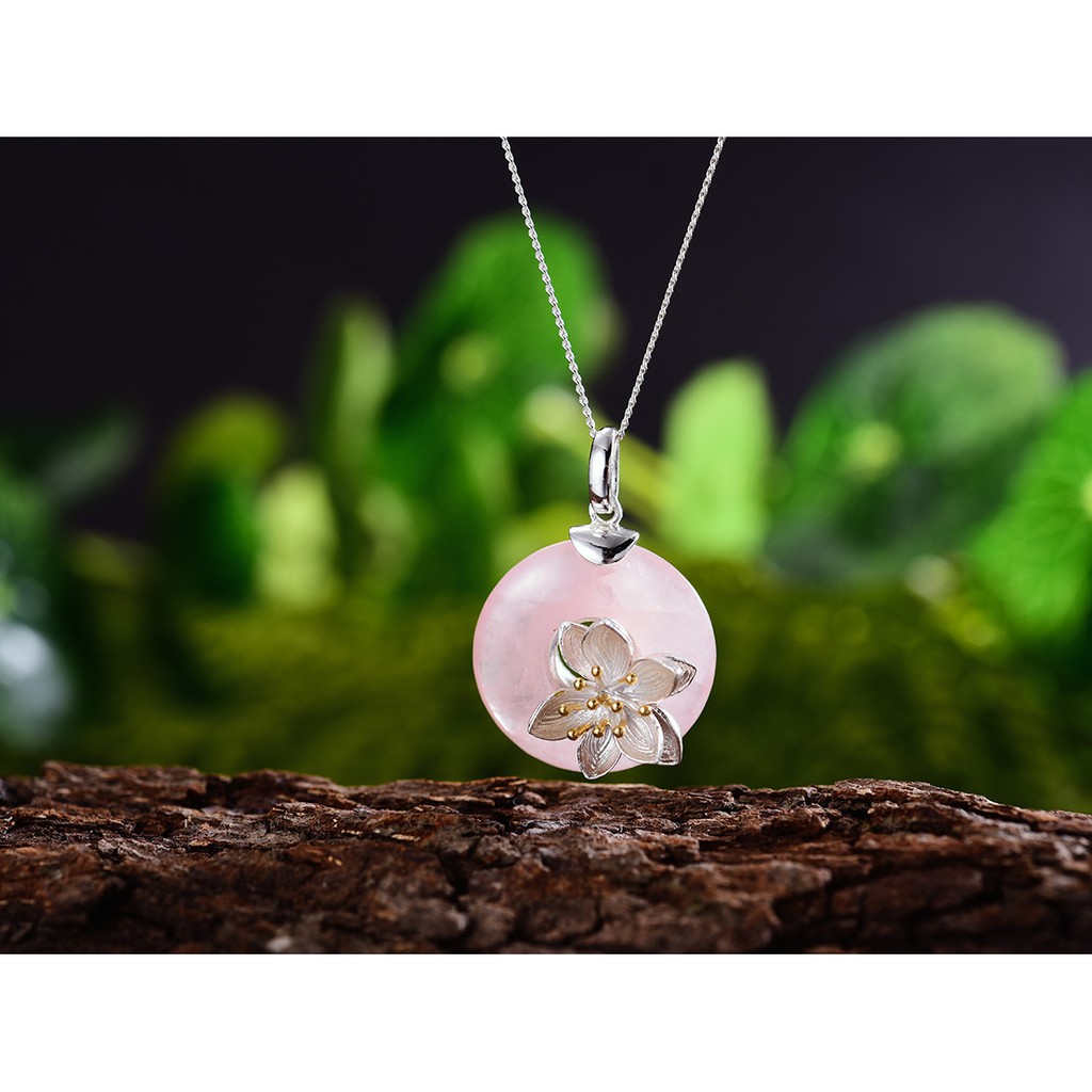 SERI SERI Kalung Wanita Perak 925 Asli Jade Lotus Sterling Silver Necklace Bunga Aventurine / Rose Quartz