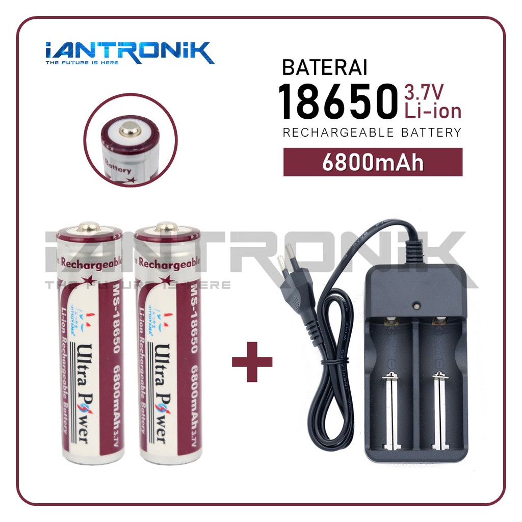 BATERAI / BATTERY LI-ION 18650 RECHARGE 6800MAH + CHARGER 2 SLOT