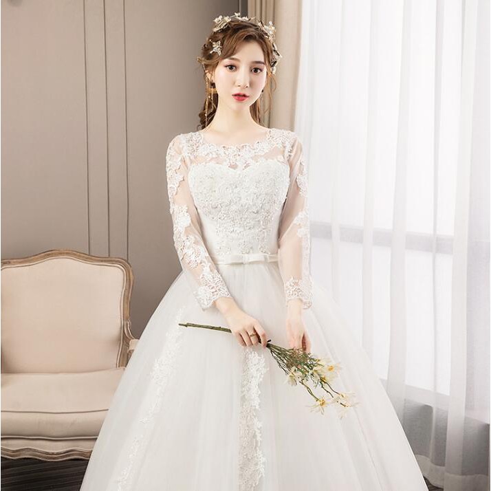 Fashion Wanita Bridal Lengan Panjang Lace Wedding Dress Bridal Ball Gown