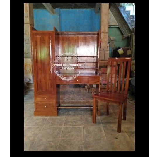 Meja belajar anak kayu jati - Meja kursi kerja + lemari penyimpanan