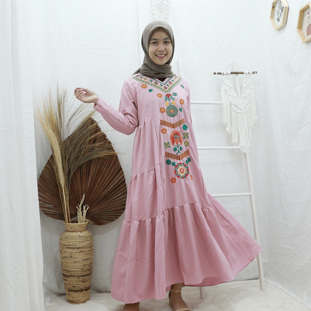 Ramadhani Dress - Gamis Putih Bordir Modern Fit to L Bahan Torrybruch Premium Tebal Motif Bunga - Dress Muslim Wanita Mewah Kekinian Elegant - Gamis Syar'i Turki Lengan Panjang Untuk Kondangan Lebaran Terlaris