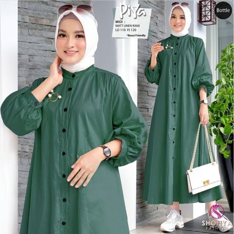 Piya Midi Dress Long Dres Tunik Wanita Muslim Bahan Linen Rami Premium Polos Jumbo Busui Kondangan Pesta Fashion Hijab Model Baru Trend Remaja Korea Terbaru Kekinian Elegan Mewah Terlaris Berkualitas