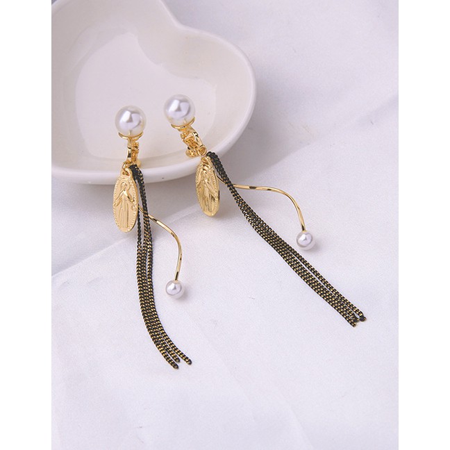 LRC Anting Tusuk Fashion Gold Artificial pearl Embossed Tassel Earrings D33177