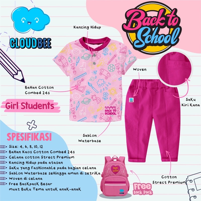 Setelan Anak Back to School free Tas Ransel Cloudbee