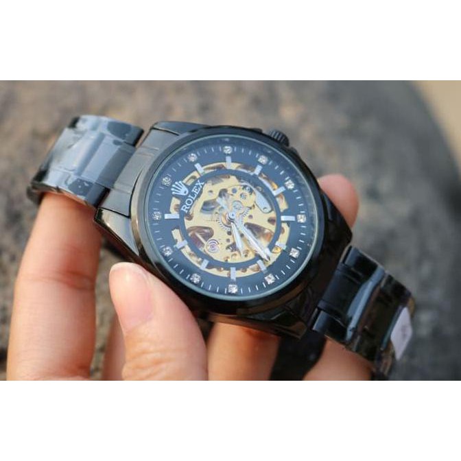 Pengiriman Cepat JAM TANGAN PRIA ROLEX AUTOMATIC SKELETON BESAR FULL BLACK (GOLD) CUCI GUDANG