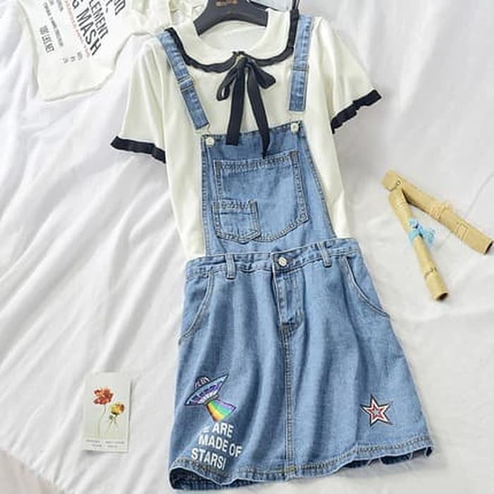 WSA35 Baju Kodok Rok Span Wanita Fashion Korea denim Jeans Bordir