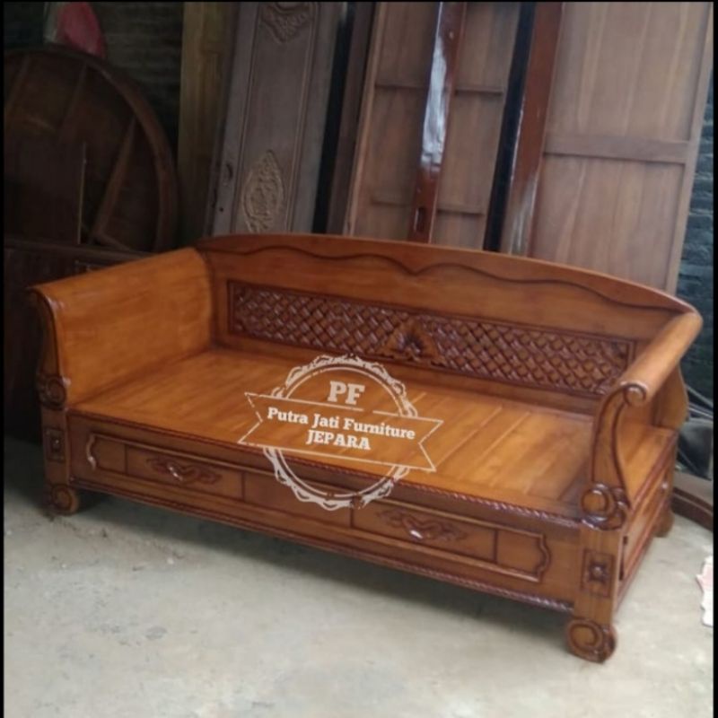 Kursi tamu panjang resban jati - Bale bale bangku antik mebel Jepara