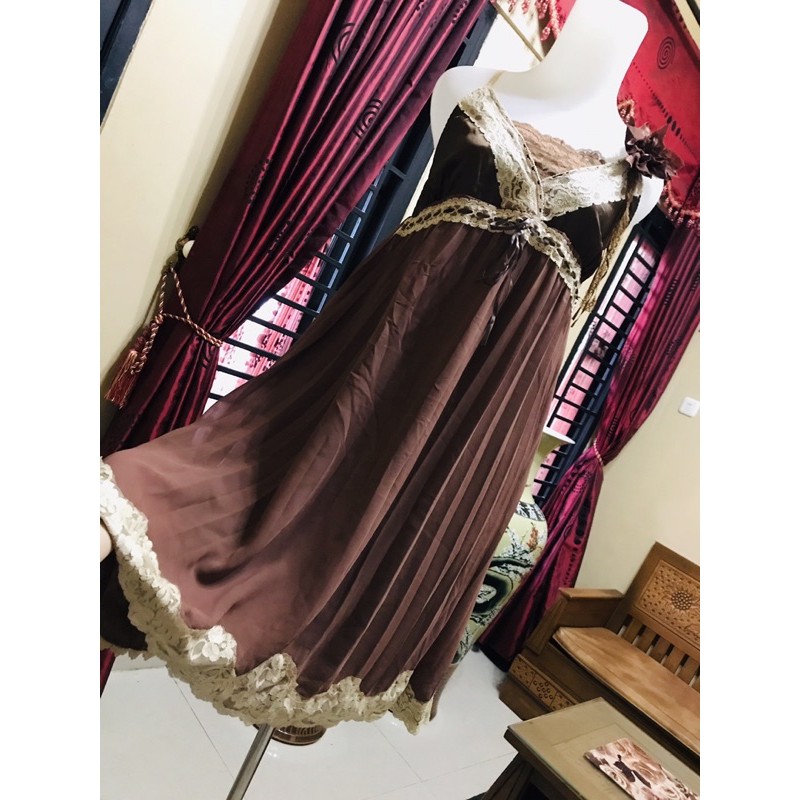 Dress mewah coklat cantik plisket mekar unik bunga vintage lucu renda bordir dres long