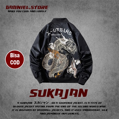 Jaket Sukajan Pria Original Motif Naga Jacket Model Bomber Jepang Gambar Dragon Full Bordir | Atasan