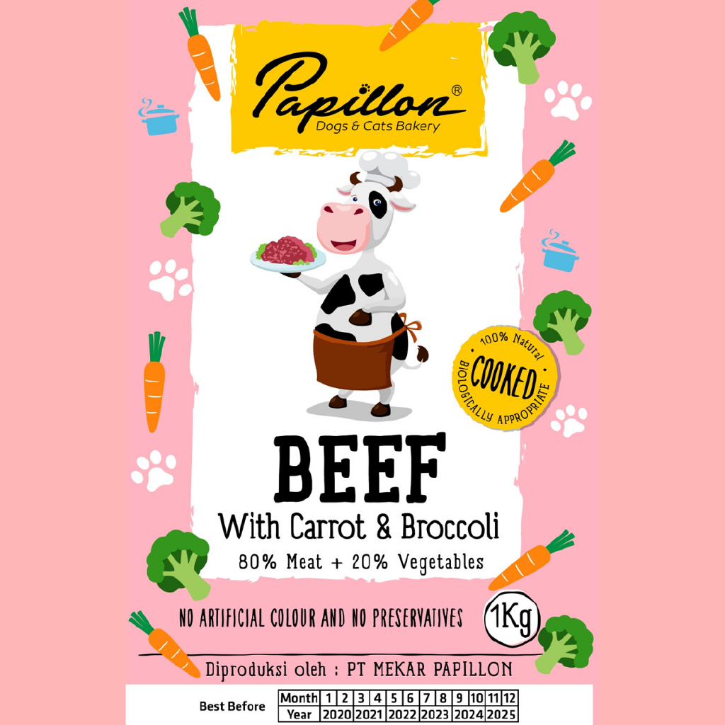 

PAPILLON Makanan Anjing COOKED Beef Carrot And Broccoli 1kg