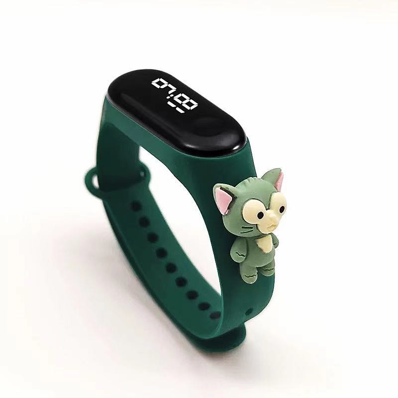 Jam Tangan Elektronik Led Motif Kartun Mickey Pikachu Bahan Silikon Untuk Anak / Jam Tangan Karakter-38-5 #5 Green Cat