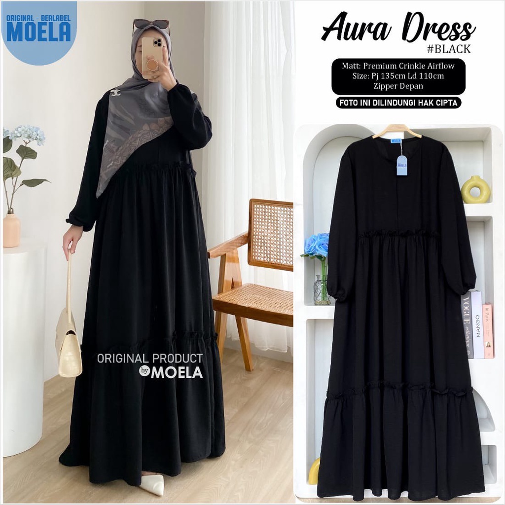 Aura dress gamis original moela berlabel gamis hijab hitam black outfit wanita