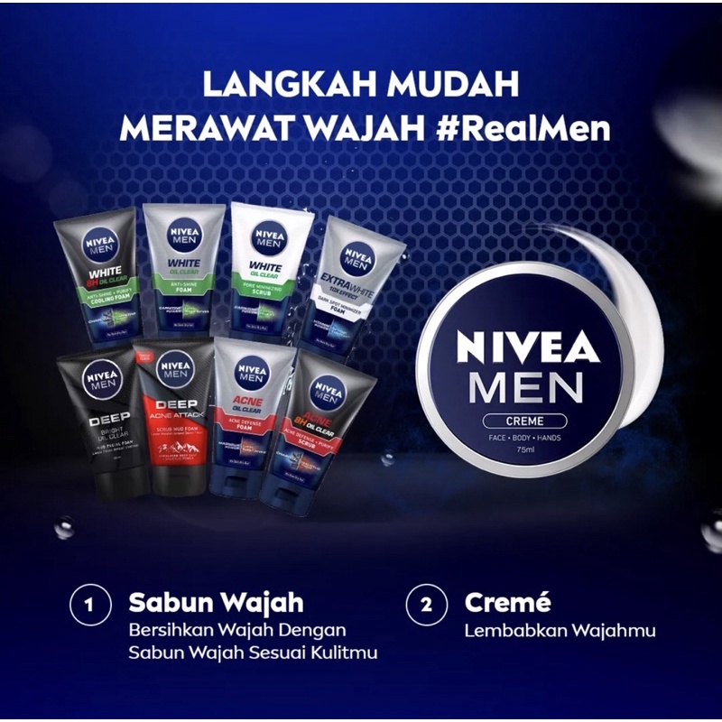 Nivea men facial wash deep acne attack / acne oil clear / extra white dark spot minimizer / white oi