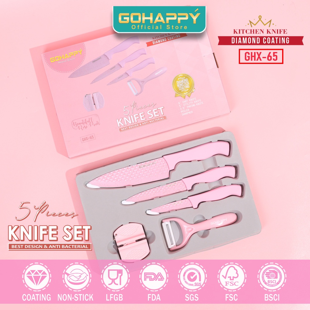 PISAU SET GOHAPPY DIAMOND 5 PCS Nonstick and anti bacterial knives set GHX65