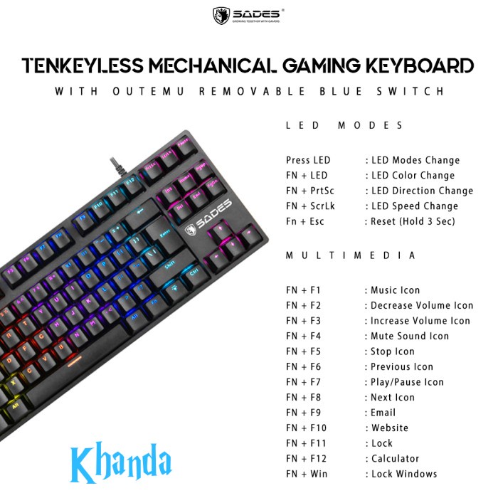 Sades Khanda Tenkeyless Removable Outemu Mechanical Gaming Keyboard