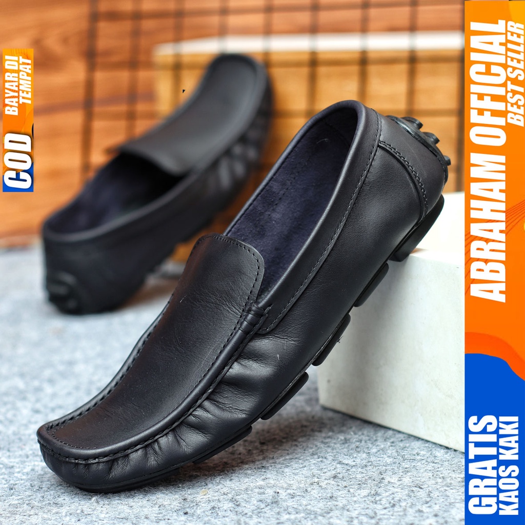 Sepatu Casual Pria Formal Slip On Pantofel Kulit Asli Kerja Kantor Kondangan Kuliah Hitam Fashion Shoes Terbaru Murah Kekinian Original GENIO ABRAHAM