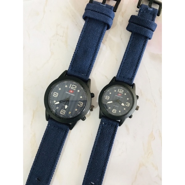 Jam Tangan Couple Murah Kavas Swiss / Warna Biru Hitam Army / Jam Tangan Cowok / Cewek Terbaru Best 