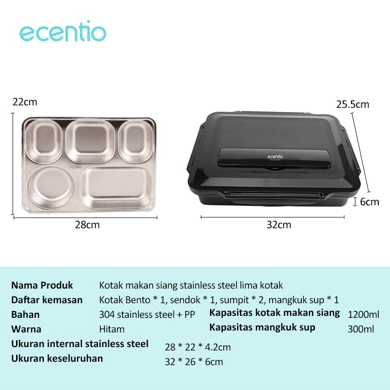 ecentio 5 Grid Kotak Makan Stainless Steel 304/1200ml+300ml Mangkuk sup/kotak bekal/lunch box