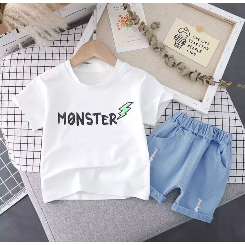 SETELAN KAOS ANAK MOTIF MONSTER SKATE DENIM - FASHION BAJU UNTUK ANAK LAKILAKI DAN PEREMPUAN - KAOS ANAK UMUR 6-10BLN 1-5THN - PAKAIAN ANAK TERKINI BAHAN COMBED CELANA DENIM - SANGAT COCOK SEKALI UNTUK ANAK-ANAK MOMS - GAMBAR KEREN DAN BAGUS DIBAJU SIANAK