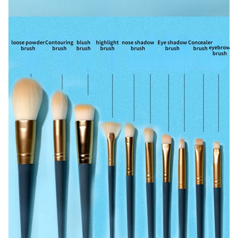 10pcs / Set Brush Kabuki Bulu Halus Untuk Makeup Foundation / Blush On / Bedak / Eyeshadow